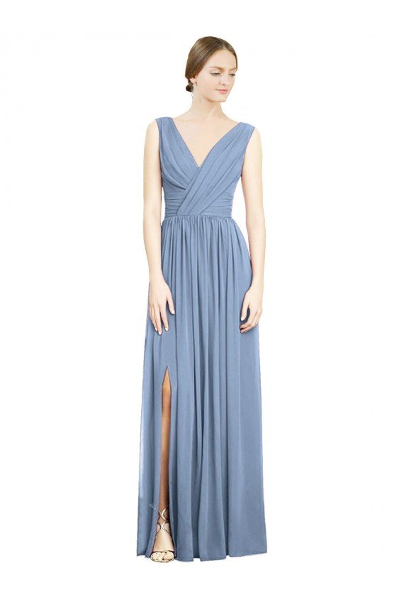Sleeveless Draped Chiffon Evening Maxi Dress with Front Slit
