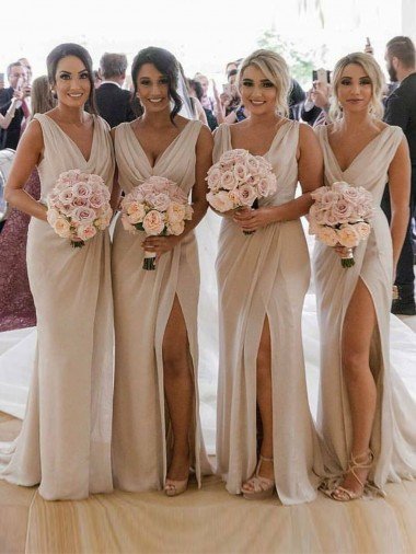 Chiffon Long Champagne Evening Dress with Sexy High Slit and Front Ruffles Canada