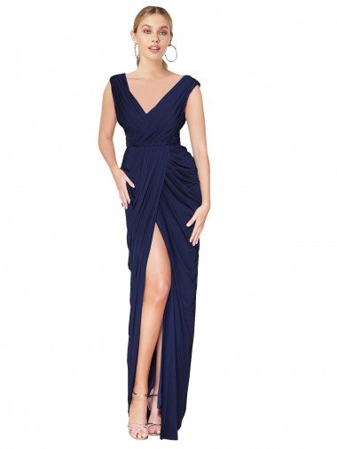 Draped V-Neck Long Chiffon Evening Dress with Front Slit Canada