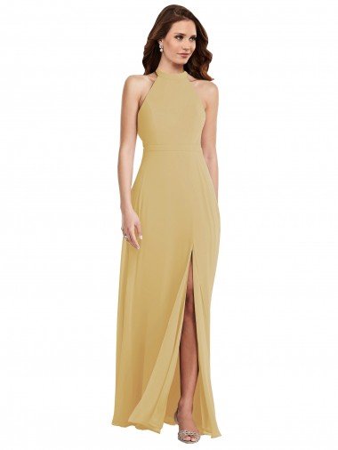 Stand Collar Halter Evening Maxi Dress with Criss Cross Open Back Canada