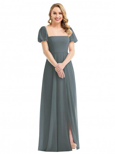 Puff Sleeves Chiffon Evening Maxi Dress with Front Slit Canada