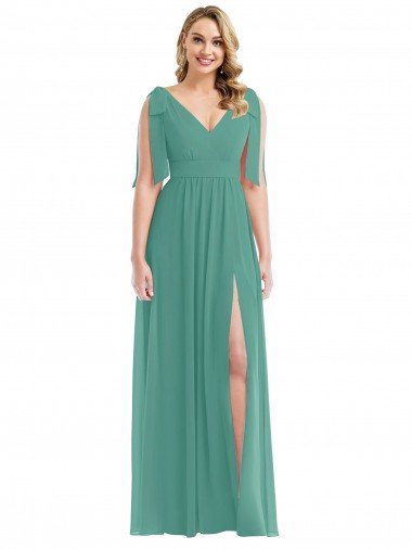 Plunge Neckline Bow Shoulder Chiffon Evening Maxi Dress Canada