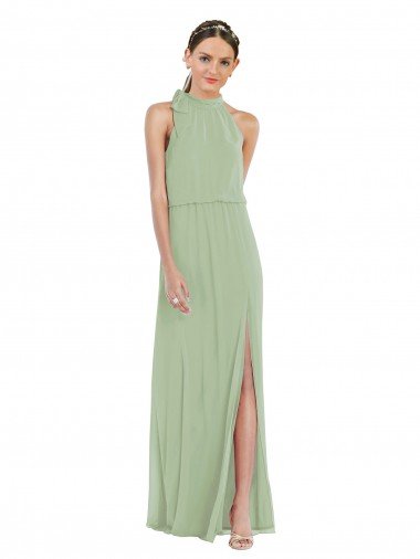 High Neck Scarf Tie Blouson Bodice Evening Maxi Dress with Front Slit Canada