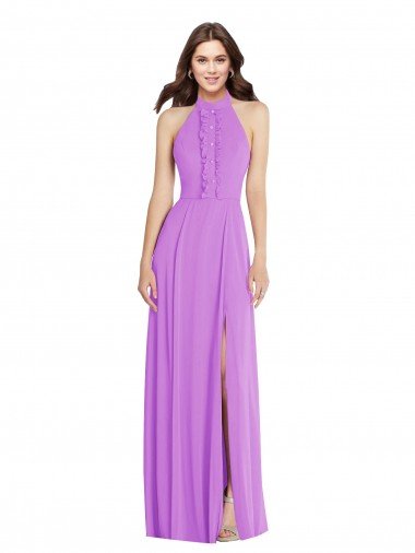Halter Backless Evening Maxi Dress with Button Ruffle Placket Canada