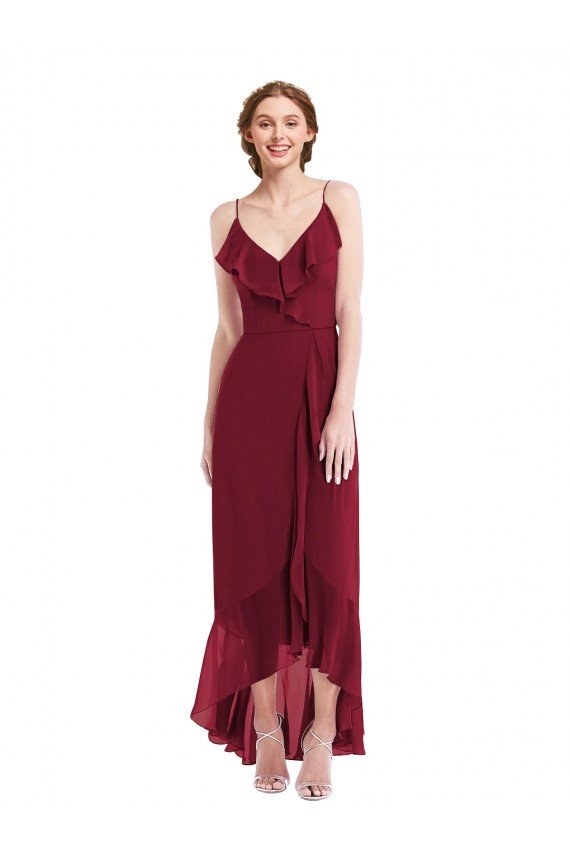 Ruffle Trimmed V-Neck High Low Wrap Chiffon Evening Dress