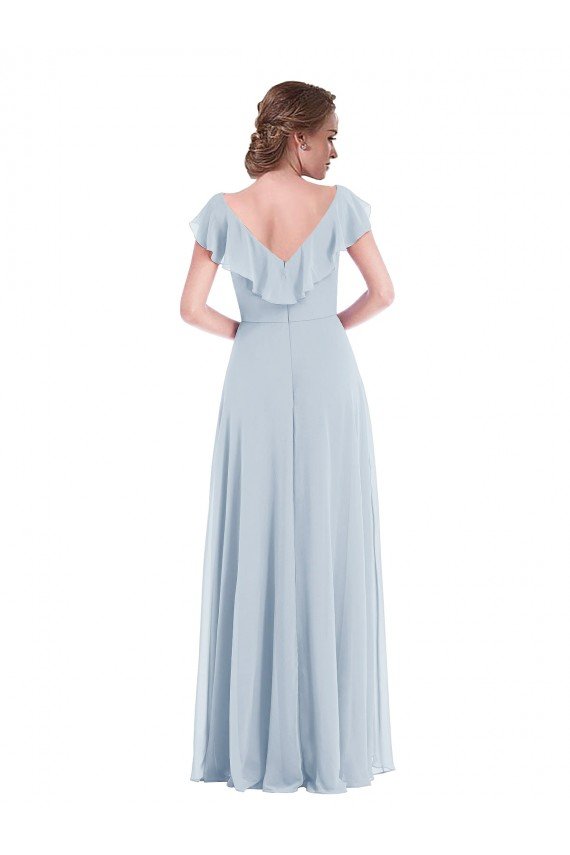 Ruffle Trimmed V Back Chiffon Evening Maxi Dress
