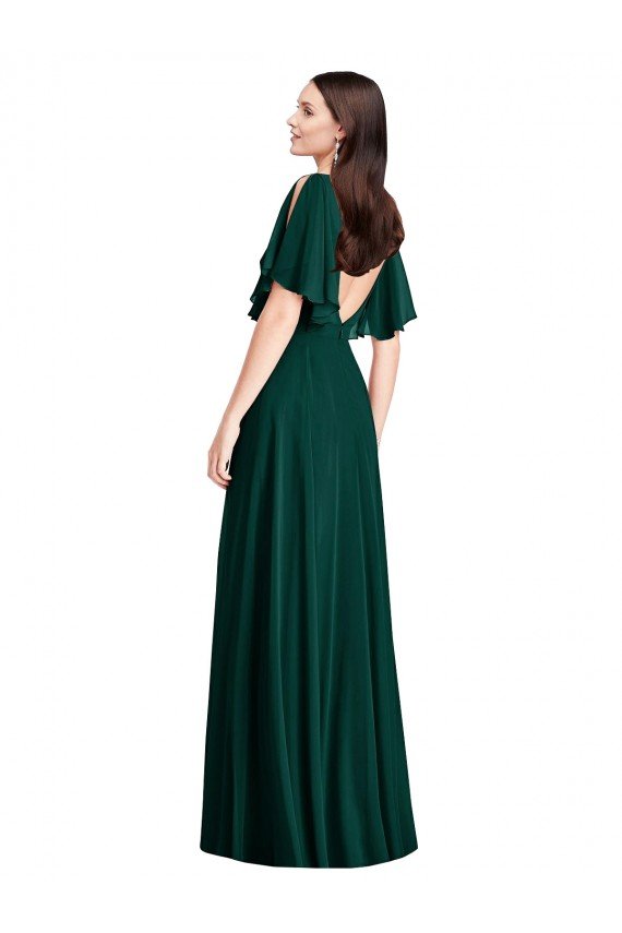 Backless Floor Length Split Sleeves Evening Maxi Dress
