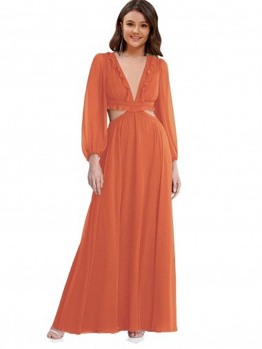 High Low Ruffled Long Chiffon Cutout Bishop Sleeves Evening Maxi Dress Canada