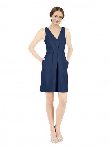 Deep V-Neck Short Knee Length Satin Cocktail Evening Dress with Slimming Pleats Canada