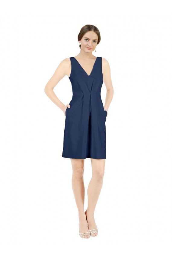 Deep V-Neck Short Knee Length Satin Cocktail Evening Dress with Slimming Pleats