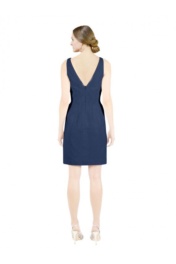 Deep V-Neck Short Knee Length Satin Cocktail Evening Dress with Slimming Pleats