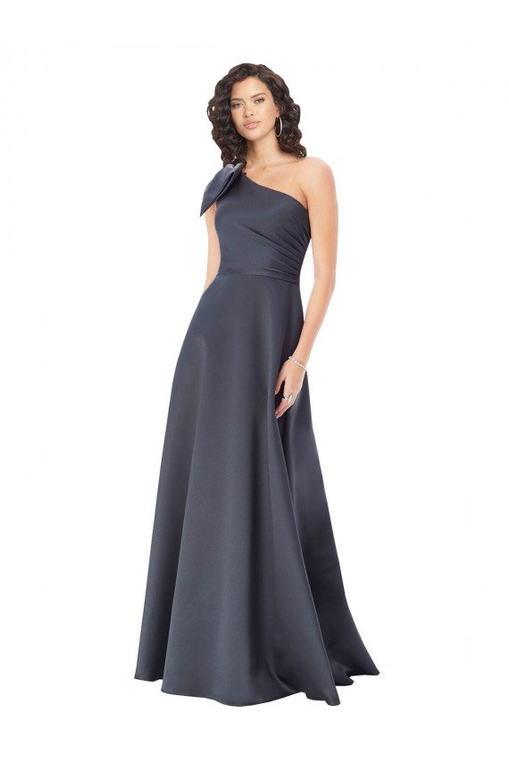 Rouched One Shoulder Floor Length Satin Evening Dress with Bow