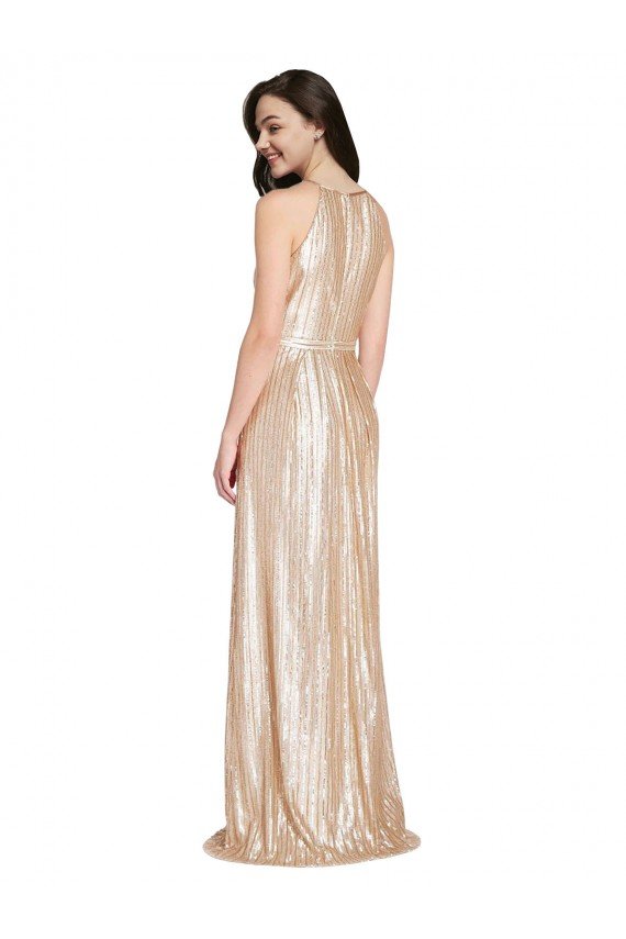Floor Length Halter Neck Sparkling Sequin Evening Dress with Pleats