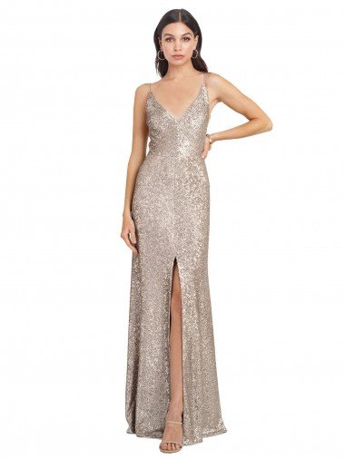 V-Neck Fully Sequin Evening Dress with V-Back and Front Slit Canada