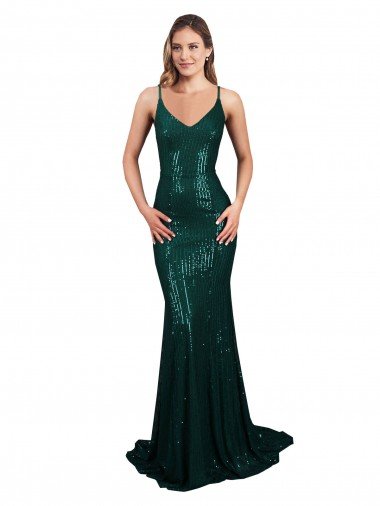 Fishtail Shaped V-Neck Open Back Long Sequin Evening Dress Canada