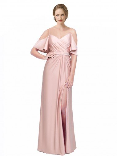 Draped Cold Shoulder Sleeves Long Silky Satin Evening Dress with Slit and Tie Back Canada