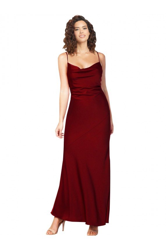 Cowl Neck Low Back Silky Satin Evening Dress with Thin Back Straps