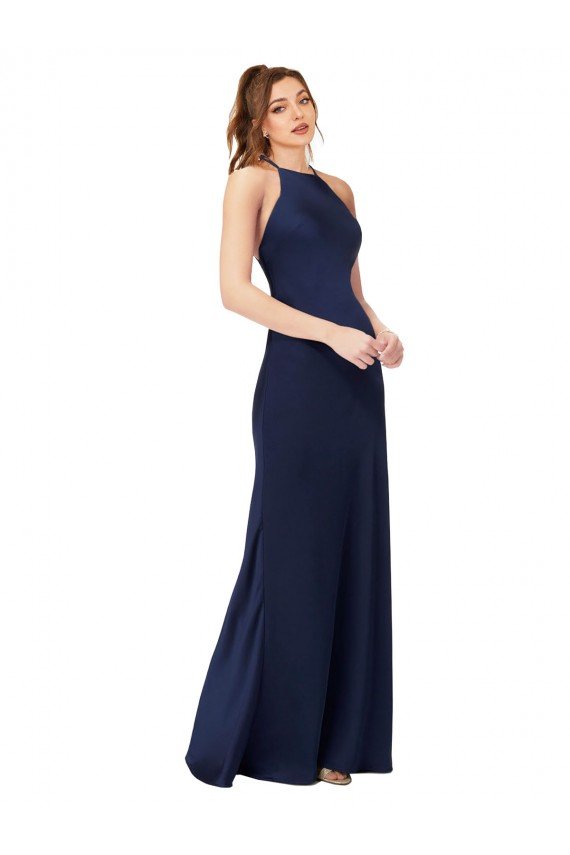 High Neck Satin Evening Dress with Strappy Back