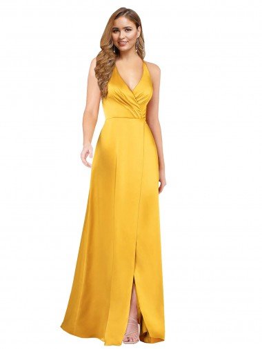 Halter A-Line Silky Satin Evening Dress with V-Neckline and Slit Canada