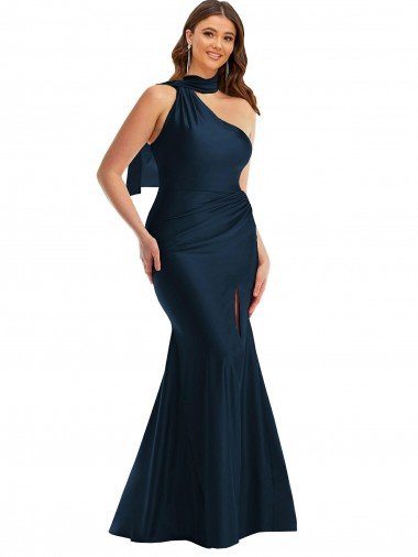 Scarf Neck One Shoulder Silky Satin Mermaid Evening Dress with Front Slit Canada