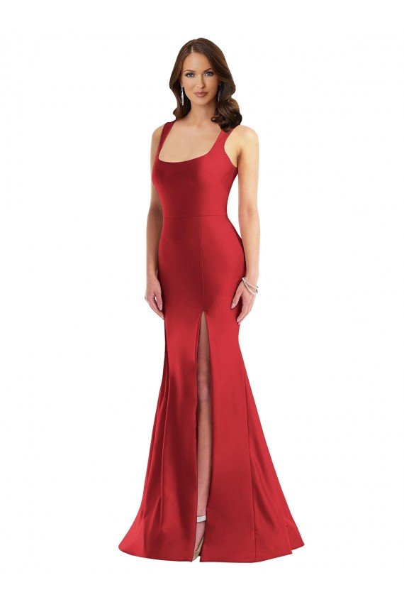 Square Neck Silky Satin Mermaid Evening Dress with Side Slit