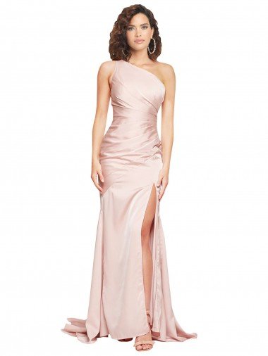 Full Length One Shoulder Long Silky Satin Evening Dress with High Split Canada