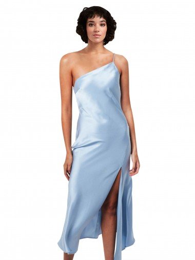 Midi Length Short Silky Satin Cocktail Evening Dress with Asymmetric Neckline and High Side Split Canada