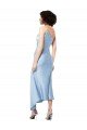 Midi Length Short Silky Satin Cocktail Evening Dress with Asymmetric Neckline and High Side Split