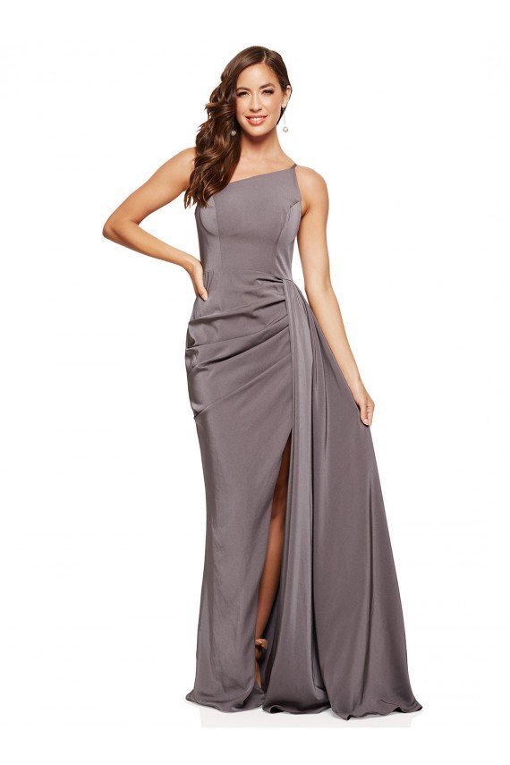 One Shoulder Fitted Silky Satin Evening Dress with Side Draped Overlay