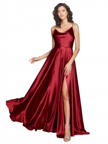 Cowl Neckline Long Silky Satin Evening Dress with Spaghetti Straps Canada