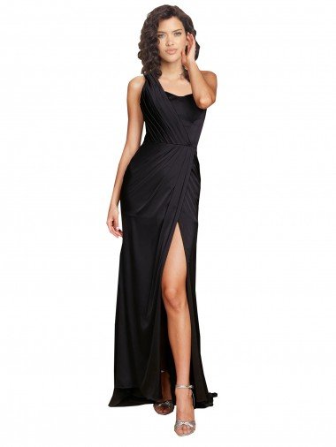 Full Length One Shoulder Ruffled Long Silky Satin Evening Dress with High Slit Canada