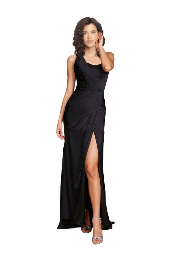 Full Length One Shoulder Ruffled Long Silky Satin Evening Dress with High Slit