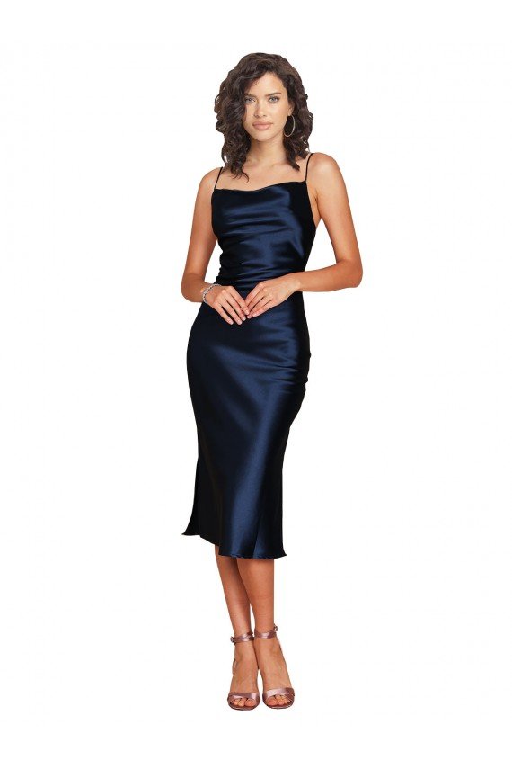 Short Sleeveless Spaghetti Straps Cowl Neckline Silky Satin Cocktail Evening Dress