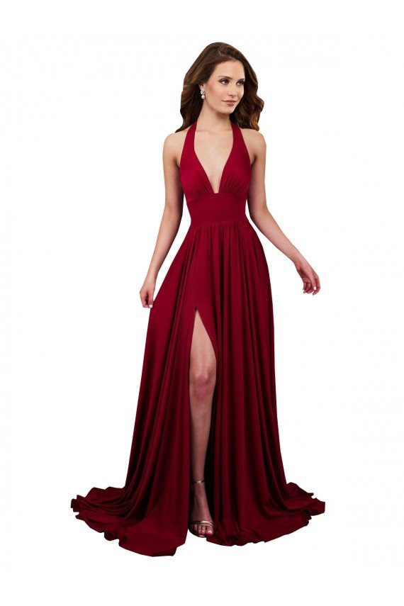 A-Line Halter Plunge V-Neckline Open Back Spandex Evening Dress with Slit