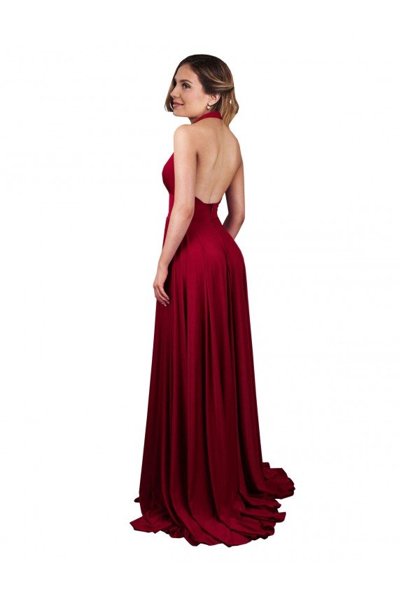A-Line Halter Plunge V-Neckline Open Back Spandex Evening Dress with Slit
