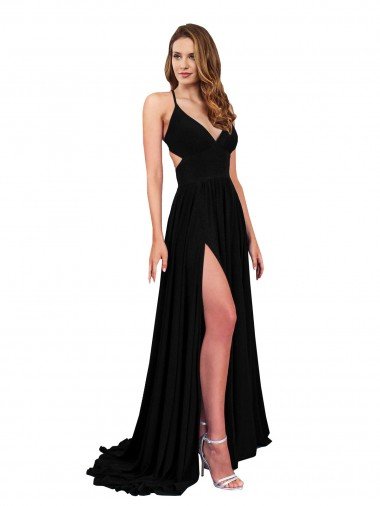 High Slit Open Back Long Spandex Evening Dress with Lined Crossover Bust Canada