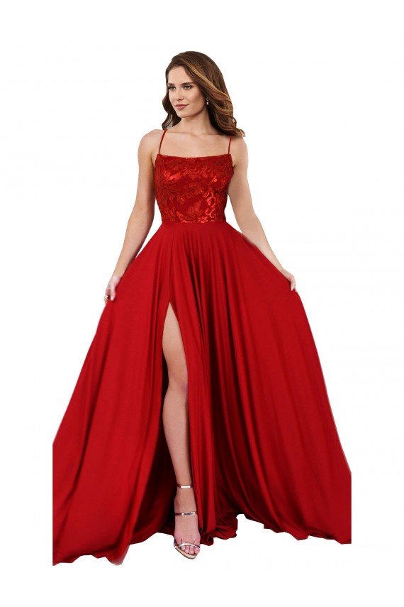 Lace Over Bodice Long Spandex Evening Dress with Slit