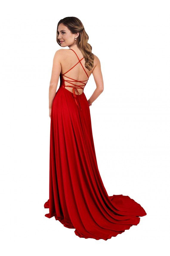 Lace Over Bodice Long Spandex Evening Dress with Slit