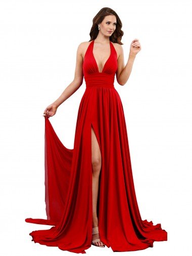 High Slit A-Line Halter Long Spandex Evening Dress Open Back Canada