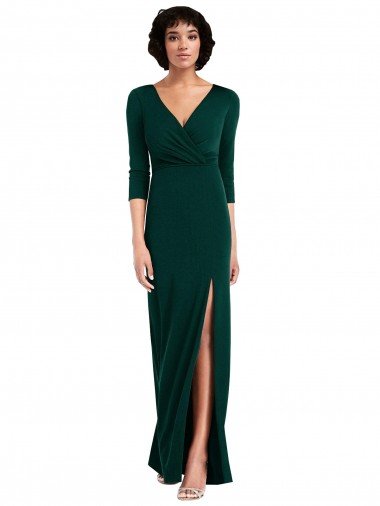 Floor Length 3/4 Sleeves V-Back Draped Wrap Maxi Spandex Evening Dress Canada