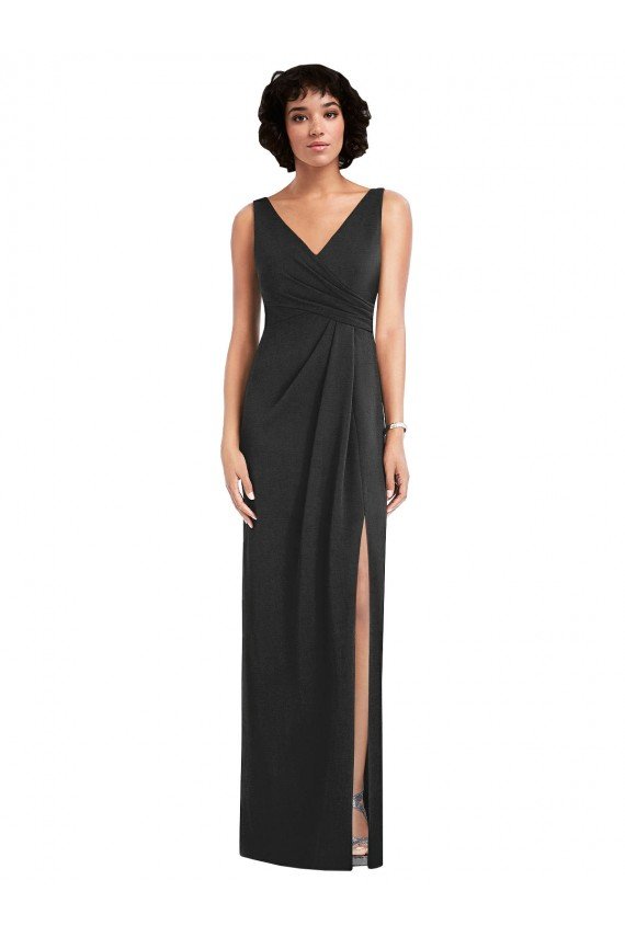 Draped Wrap Maxi Spandex Evening Dress with Front Slit