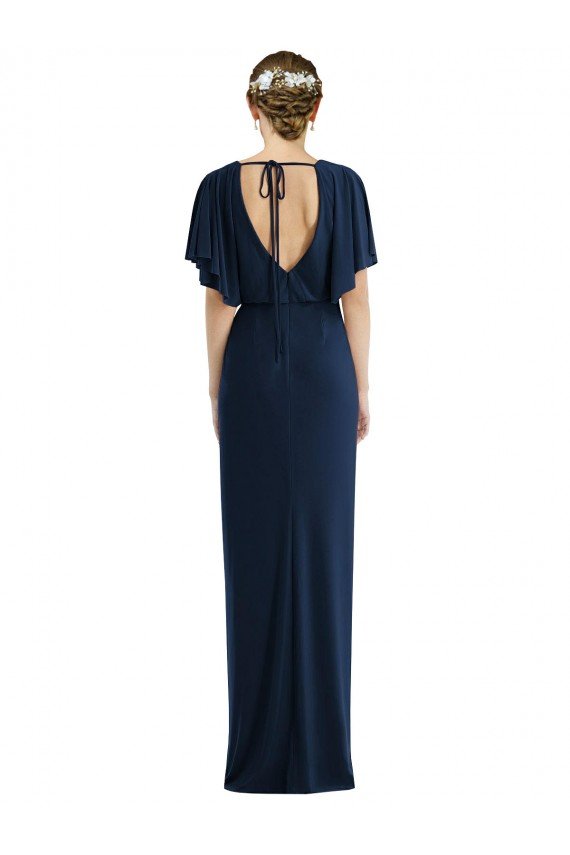 Open Back Short Sleeves Draped Tulip Skirt Maxi Spandex Evening Dress