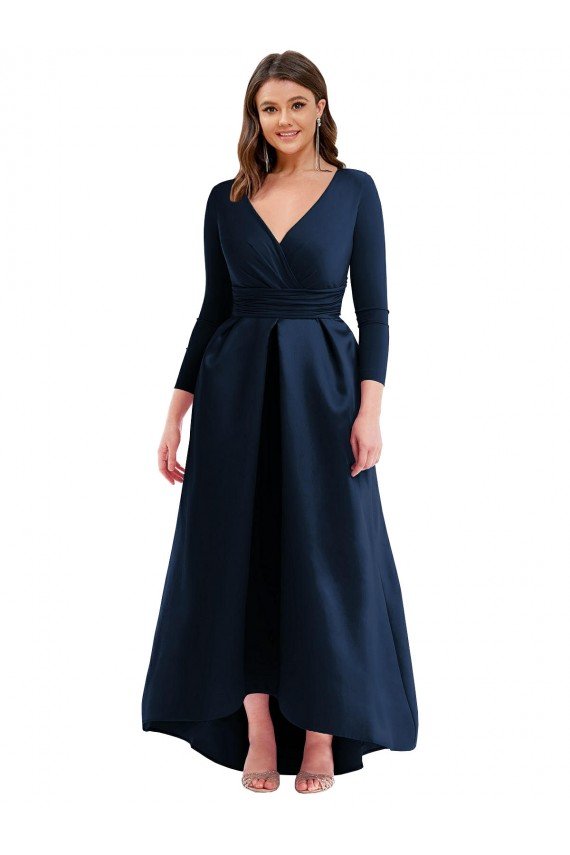 Long Sleeves Wrapped Spandex Evening Dress with High Low Full Skirt and Pockets