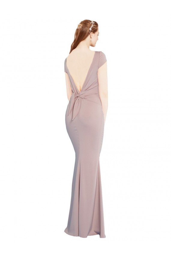 Boat Neck Cap Sleeve Crepe Evening Dress with Plunging Tie Back