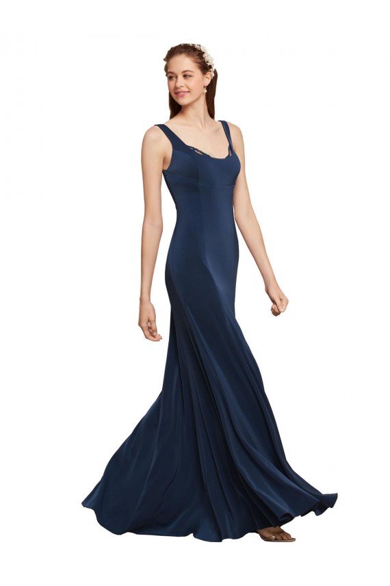 Fit and Flare Long Crepe Evening Dress with Round Neck
