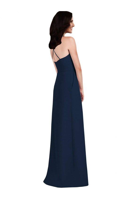 Criss Cross Back Crepe Halter Evening Dress with Pockets