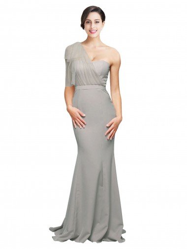 Long Sweep Train Sweetheart Crepe Evening Dress with Tulle One Shoulder Canada