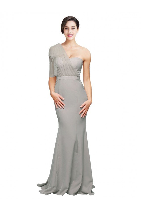 Long Sweep Train Sweetheart Crepe Evening Dress with Tulle One Shoulder