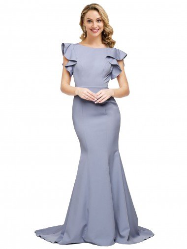 Flutter Sleeves Low V-Back High Round Neck Crepe Evening Dress Canada