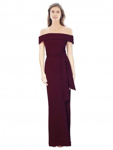Off the Shoulder Long Crepe Evening Dress with Waist Tie Canada
